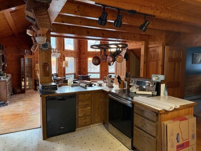 55 Brown Rd, Oakfield, ME 04763 - kitchen featuring stainless steel electric range oven, wooden walls, black dishwasher, kitchen peninsula, and beam ceiling