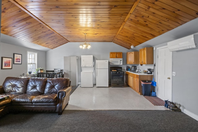 living room with wood ceiling, vaulted ceiling, an AC wall unit, a notable chandelier, and sink