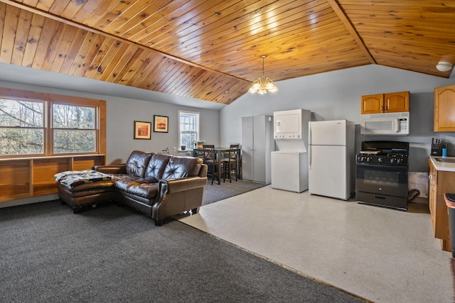 living room featuring stacked washer and dryer, a notable chandelier, vaulted ceiling, and wood ceiling