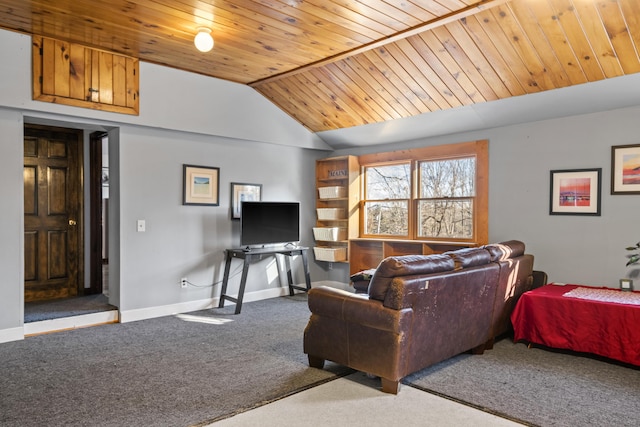 living room with carpet flooring, wood ceiling, and lofted ceiling