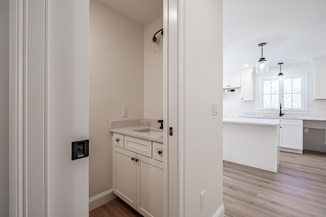 bathroom with hardwood / wood-style floors and vanity