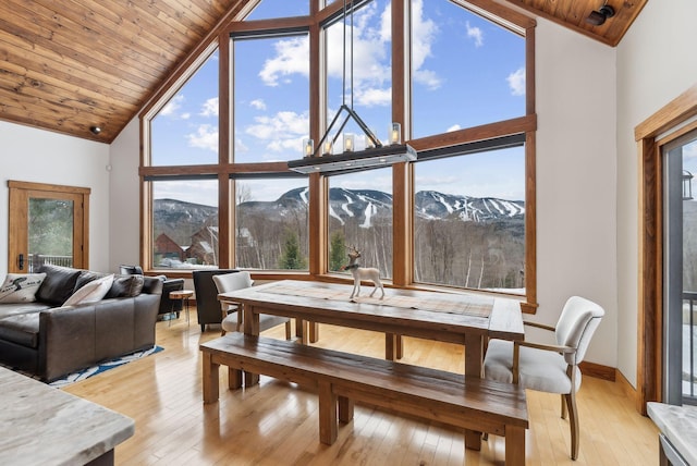 dining area with a mountain view, light hardwood / wood-style floors, high vaulted ceiling, and wooden ceiling