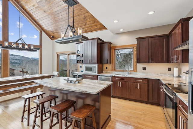 kitchen featuring wooden ceiling, a wealth of natural light, a center island, and stainless steel appliances