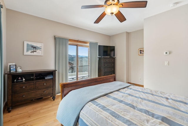 bedroom with ceiling fan, access to outside, and light wood-type flooring