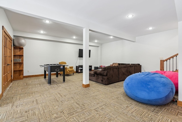 game room with light colored carpet