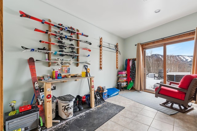 interior space with a mountain view