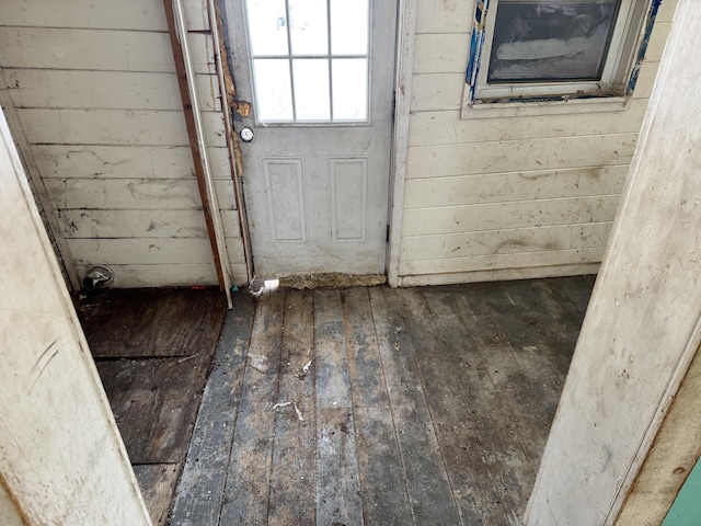 entryway featuring hardwood / wood-style floors and wood walls