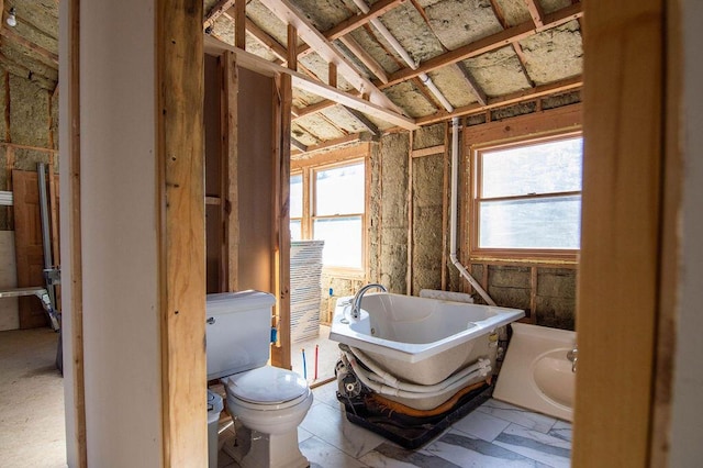 bathroom featuring toilet and a tub to relax in