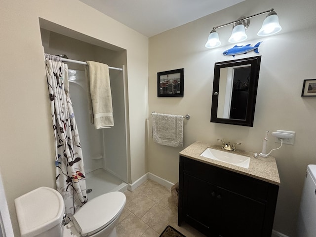 bathroom with toilet, tile patterned flooring, vanity, and curtained shower