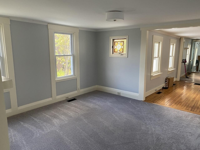 unfurnished room featuring crown molding and carpet