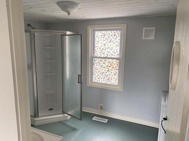 bathroom featuring walk in shower and wooden ceiling