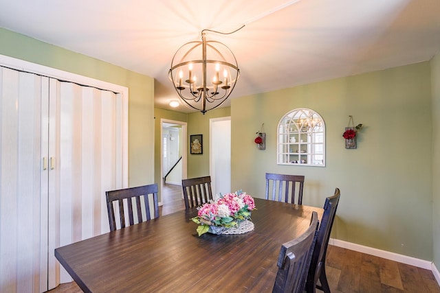 dining room with hardwood / wood-style flooring and a notable chandelier