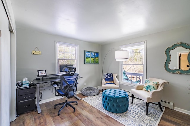 office space with baseboard heating and dark hardwood / wood-style floors