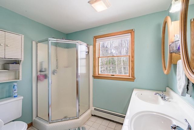 bathroom featuring toilet, vanity, tile patterned flooring, baseboard heating, and a shower with door