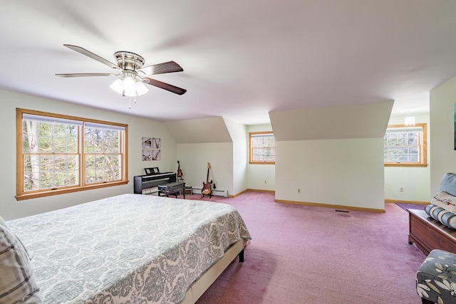 bedroom with ceiling fan, light carpet, and vaulted ceiling