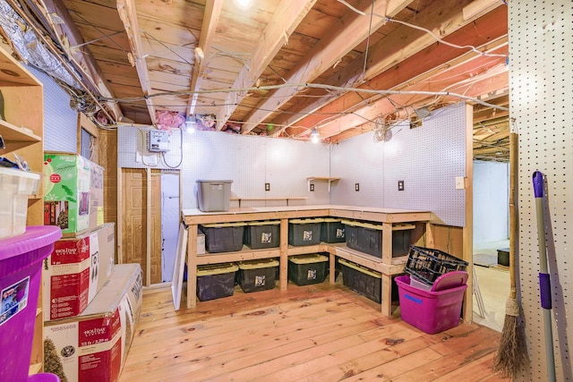 basement with hardwood / wood-style flooring