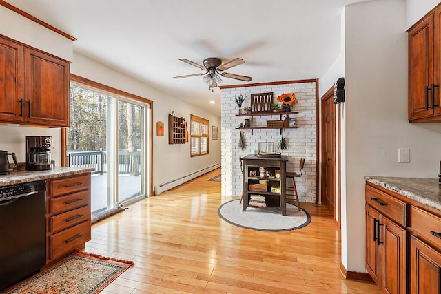 kitchen featuring light hardwood / wood-style floors, baseboard heating, dishwasher, and ceiling fan