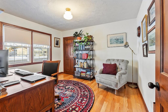 office area featuring a textured ceiling and light hardwood / wood-style floors