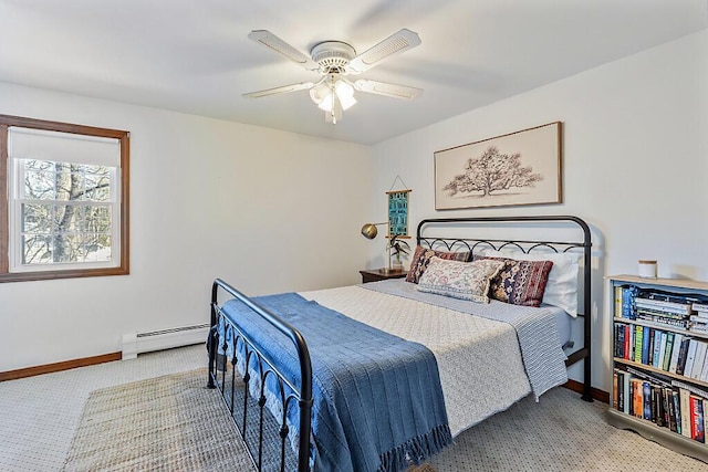 bedroom featuring ceiling fan, a baseboard radiator, and carpet