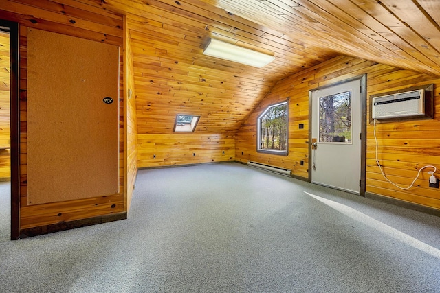 additional living space with wooden walls, wooden ceiling, carpet flooring, lofted ceiling with skylight, and a wall mounted air conditioner