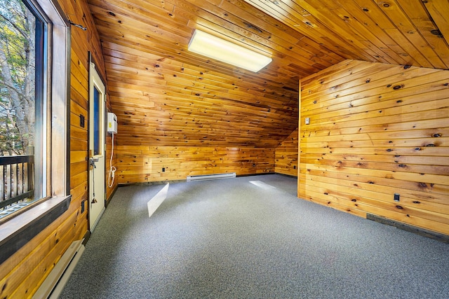 bonus room featuring wood ceiling, baseboard heating, wood walls, carpet floors, and lofted ceiling