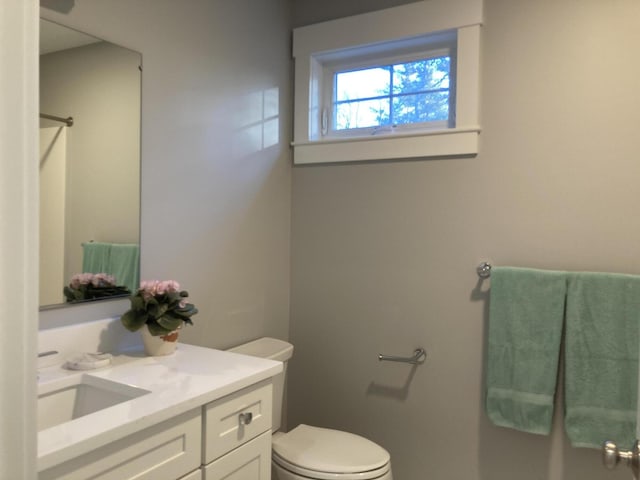 bathroom with a shower, vanity, and toilet