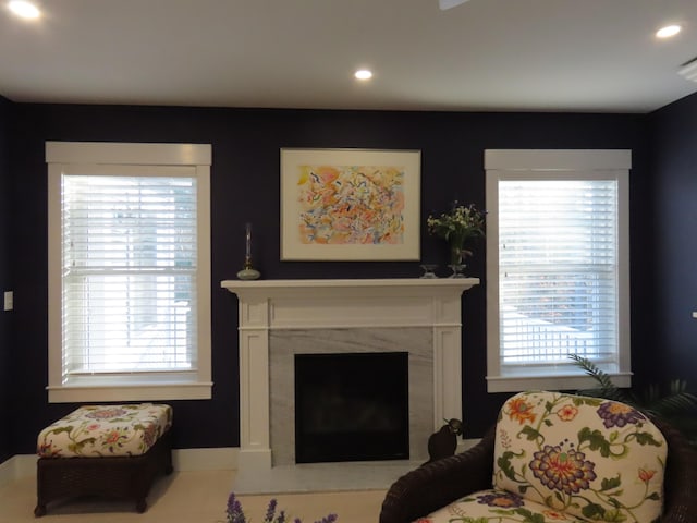 living room with plenty of natural light and a fireplace