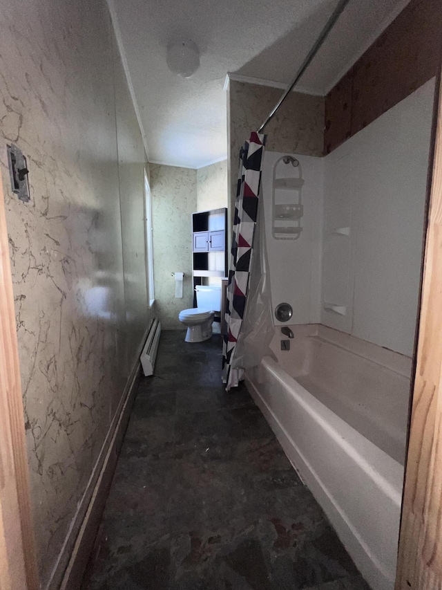 bathroom featuring toilet, shower / bath combo, and a baseboard radiator