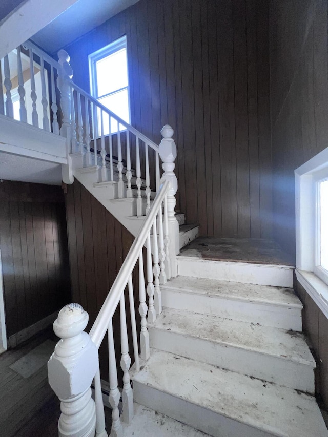 stairway with plenty of natural light and wooden walls