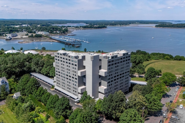 drone / aerial view featuring a water view