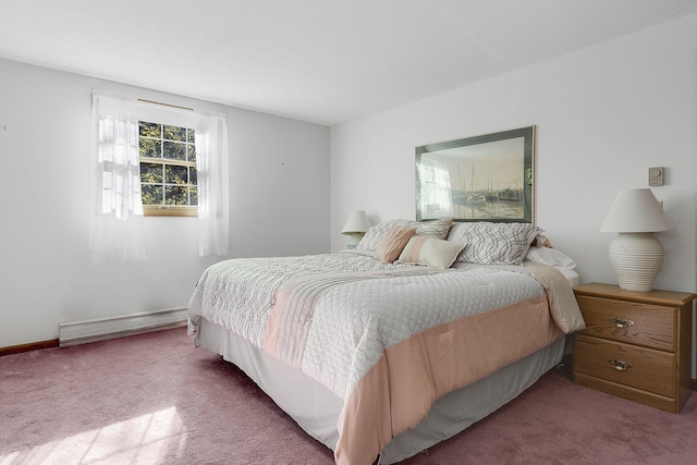 carpeted bedroom featuring a baseboard radiator