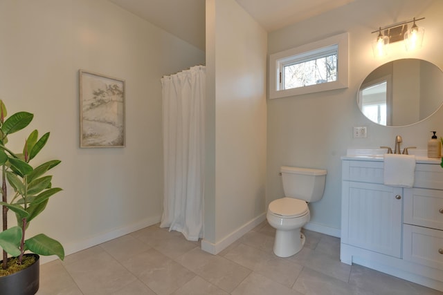 bathroom with toilet, tile patterned floors, a shower with shower curtain, and vanity