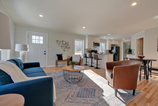 living room featuring sink, light wood-type flooring, and crown molding