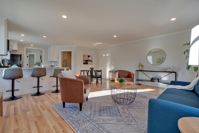 living room featuring light wood-type flooring, crown molding, and radiator