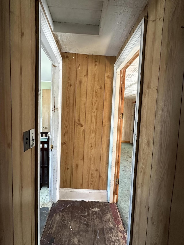 hallway featuring wooden walls