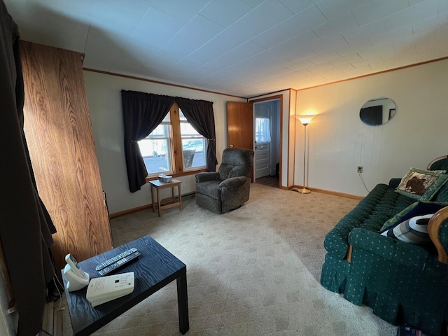 sitting room with crown molding and carpet