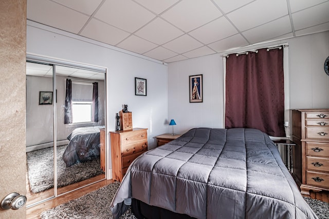 bedroom featuring hardwood / wood-style floors, a paneled ceiling, and a closet