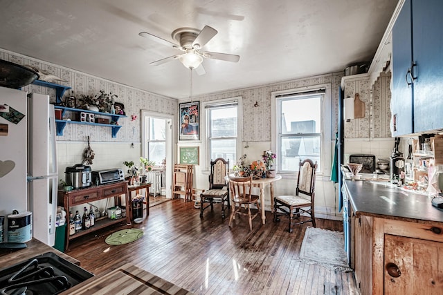 interior space with radiator heating unit, dark wood-type flooring, and ceiling fan