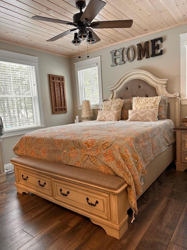 bedroom with ceiling fan, wood ceiling, dark hardwood / wood-style flooring, and ornamental molding