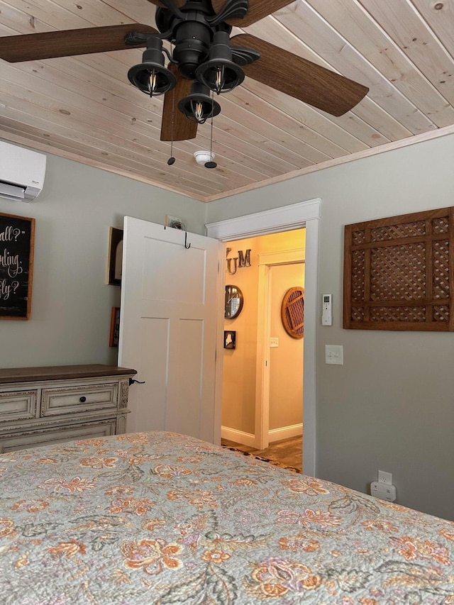 unfurnished bedroom with ceiling fan, an AC wall unit, crown molding, and wood ceiling