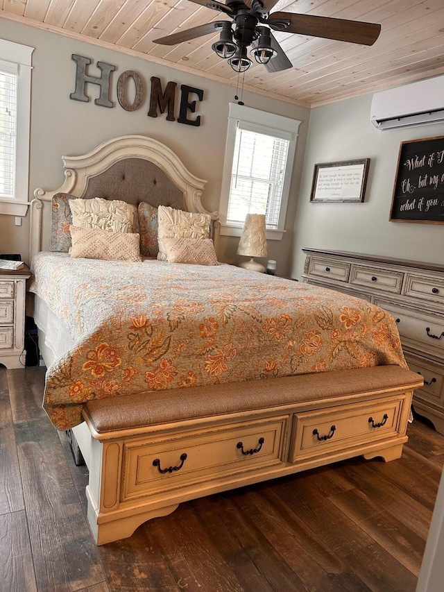 bedroom featuring an AC wall unit, wooden ceiling, ceiling fan, and dark wood-type flooring