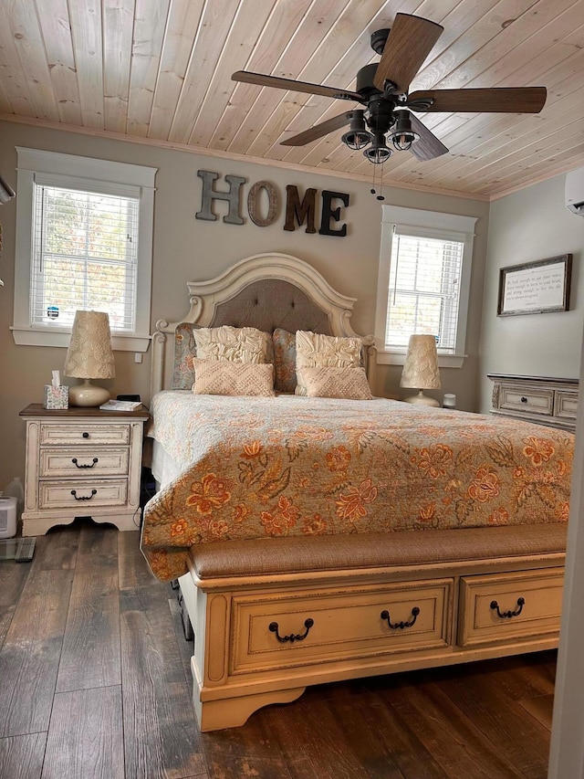 bedroom featuring ceiling fan, wooden ceiling, dark hardwood / wood-style flooring, and crown molding