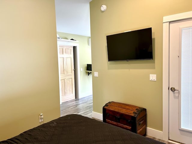 bedroom featuring wood-type flooring and a closet