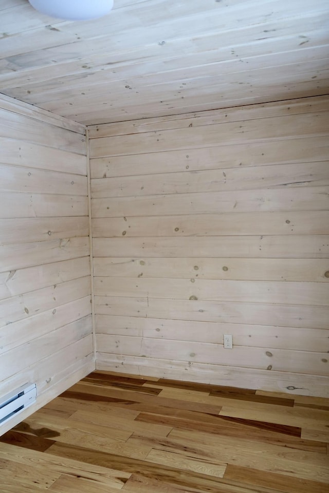 spare room with hardwood / wood-style flooring and wooden walls