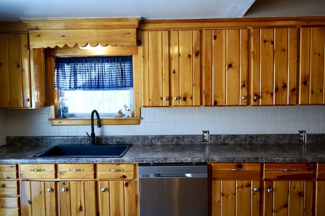 kitchen with decorative backsplash, dishwasher, and sink