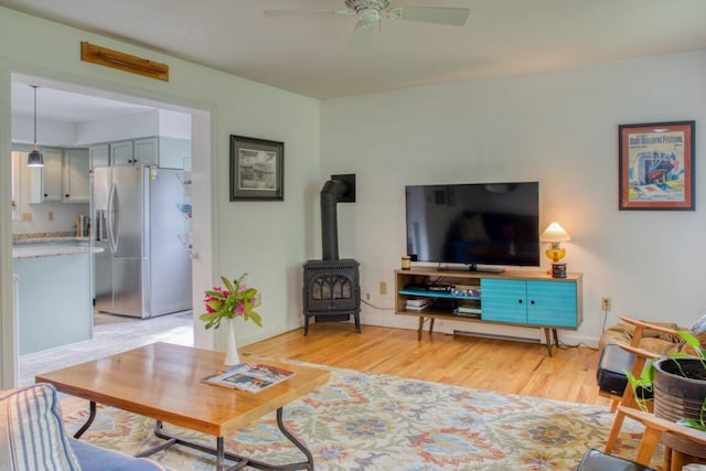 living room with ceiling fan, a wood stove, and light hardwood / wood-style floors