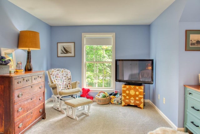 living area featuring light colored carpet