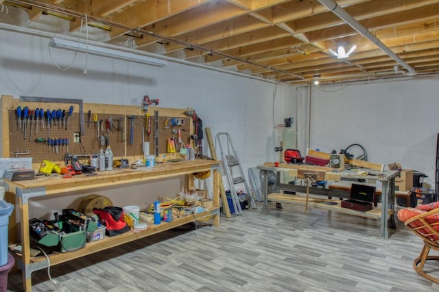 basement with hardwood / wood-style floors and a workshop area