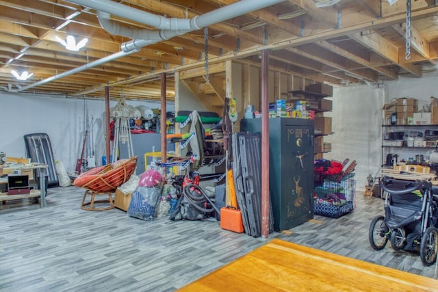 basement with hardwood / wood-style floors