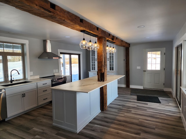 61 Hathaway Hill Rd, Livermore, ME 04253 - kitchen featuring a sink, wall chimney exhaust hood, recessed lighting, dark wood finished floors, and stainless steel electric range